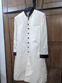 Wedding Sherwani Shervani Men Off White Golden Print Jamawar Dulha Boy