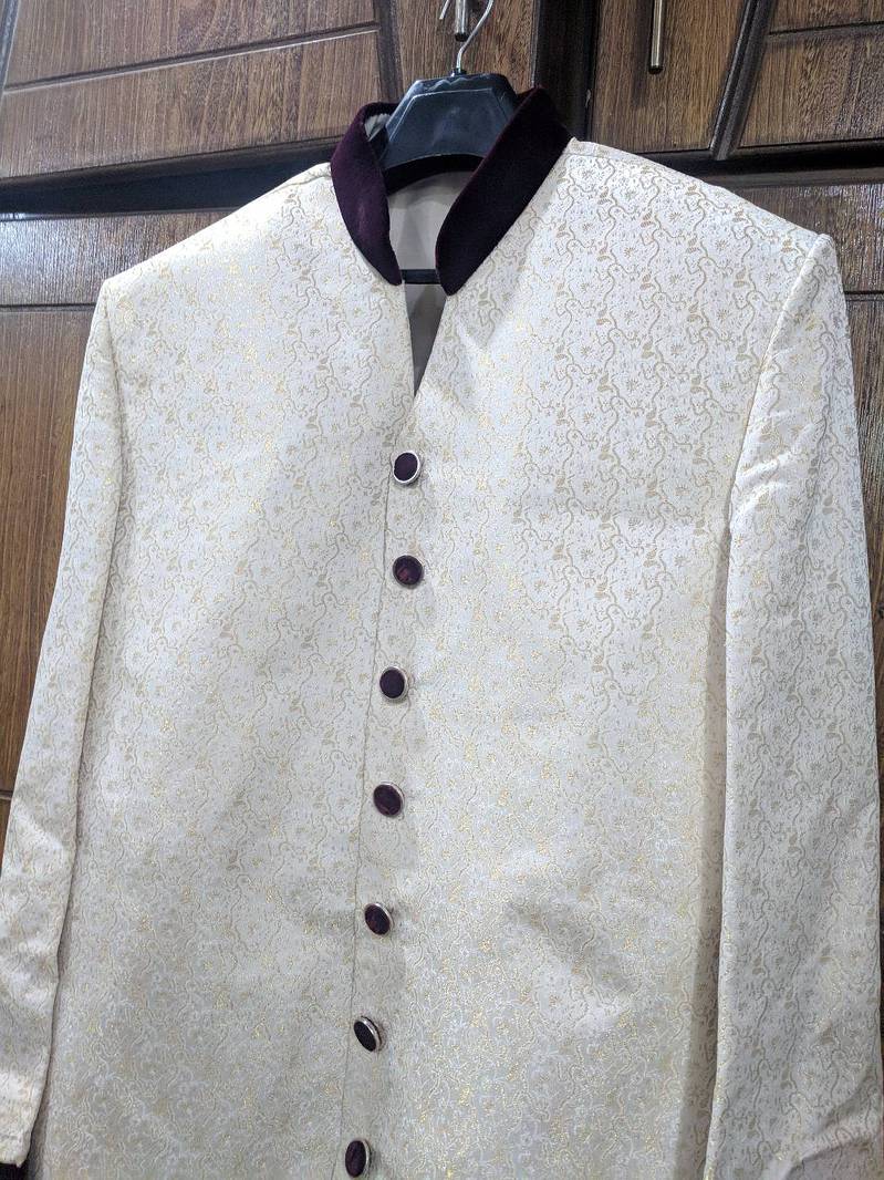 Wedding Sherwani Shervani Men Off White Golden Jamawar with Stoler 1