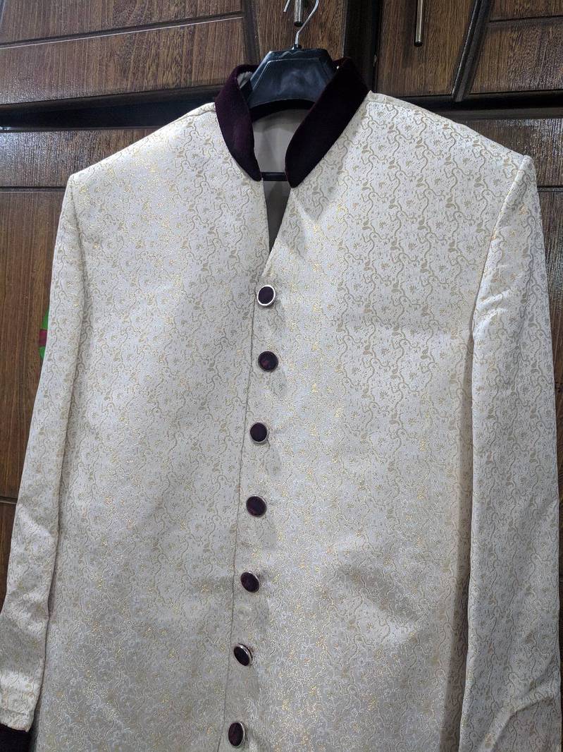 Wedding Sherwani Shervani Men Off White Golden Jamawar with Stoler 7