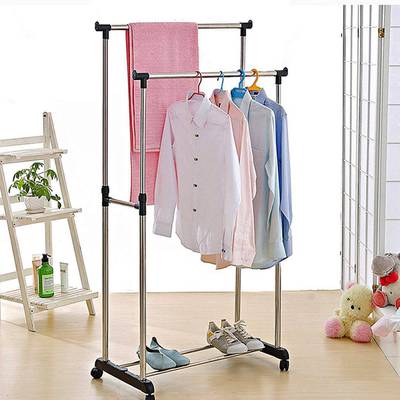 Adjustable Portable Double Pole Coat Clothes Garment Hanging Rack Roll