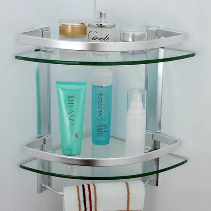 Glass Corner Shelf Shower Caddy 2 Tier Aluminum 0