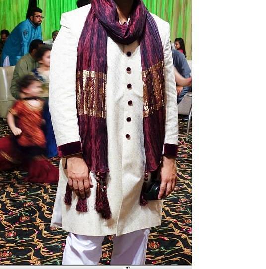 Wedding Sherwani Shervani Men Off White Golden Jamawar with Stoler 0