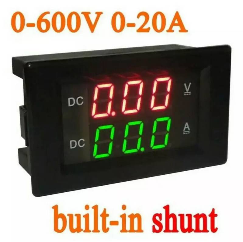 Solar Meter 0-600V 20A DC Voltmeter Ammeter Built-in Shunt Dual disp 0