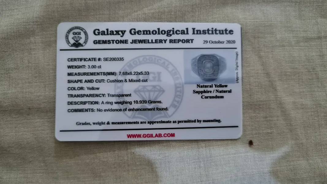 ~Yellow saphire 3 carats, Galaxy Gemological Lab. Certificate. 0