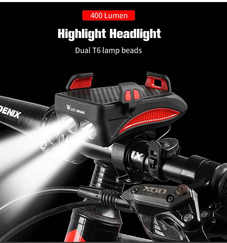 West Biking 4-In-1 400 Lumens Bike Front Light-Bike Horn-Phone Holder 7