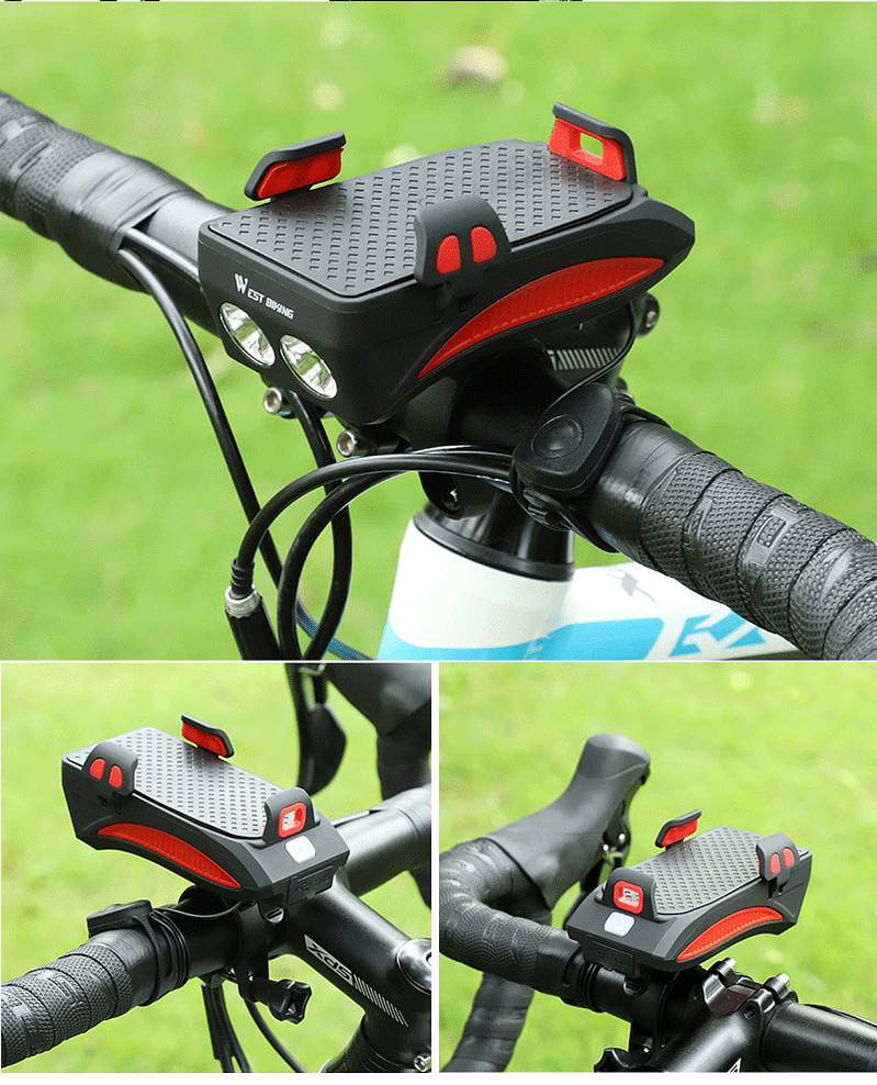 West Biking 4-In-1 400 Lumens Bike Front Light-Bike Horn-Phone Holder 16