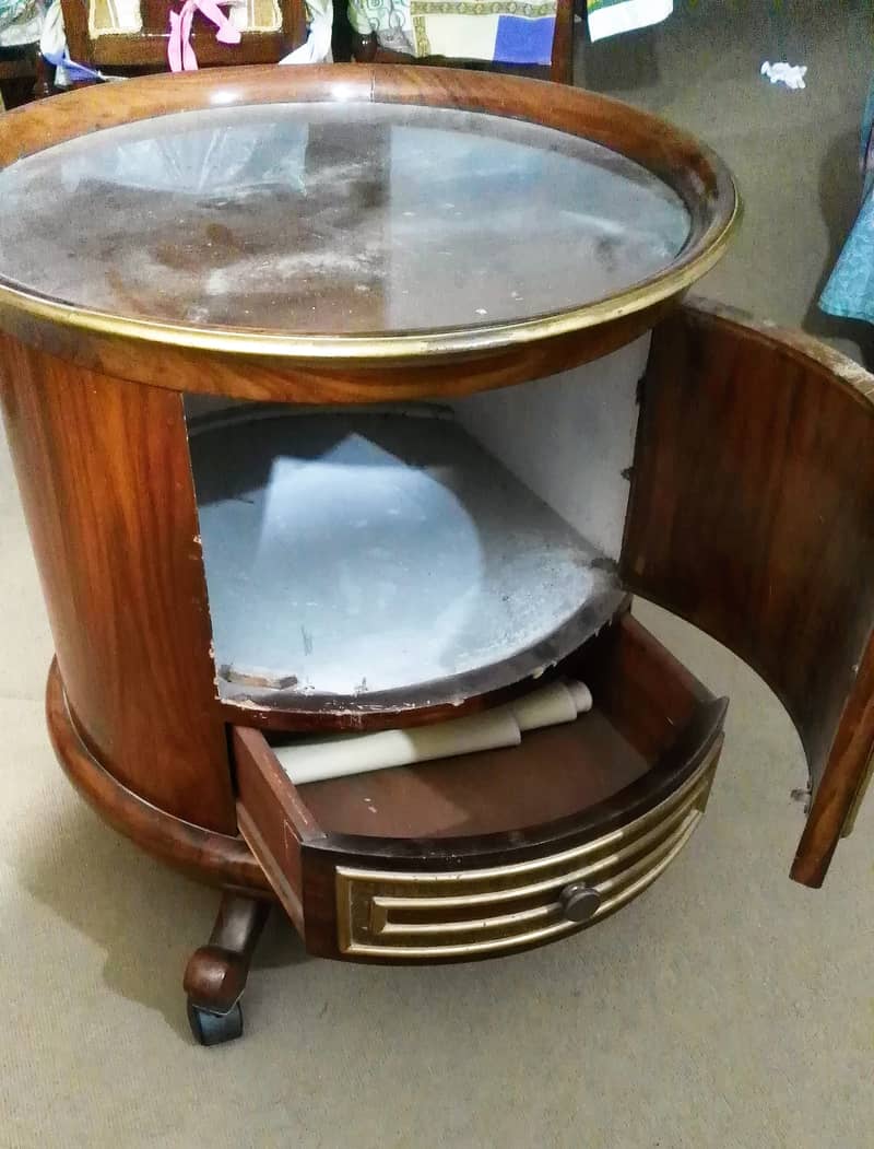 Round Table Glass Top One Drawer And One Cabinet With Wheels For Sale 1