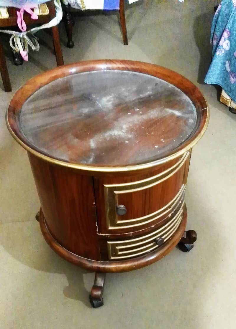 Round Table Glass Top One Drawer And One Cabinet With Wheels For Sale 2