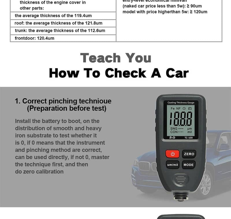 Car Paint Tester checker R&D TC100 Coating Thickness 0.1micron/0-1300 4