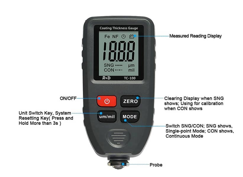 Car Paint Tester checker R&D TC100 Coating Thickness 0.1micron/0-1300 7