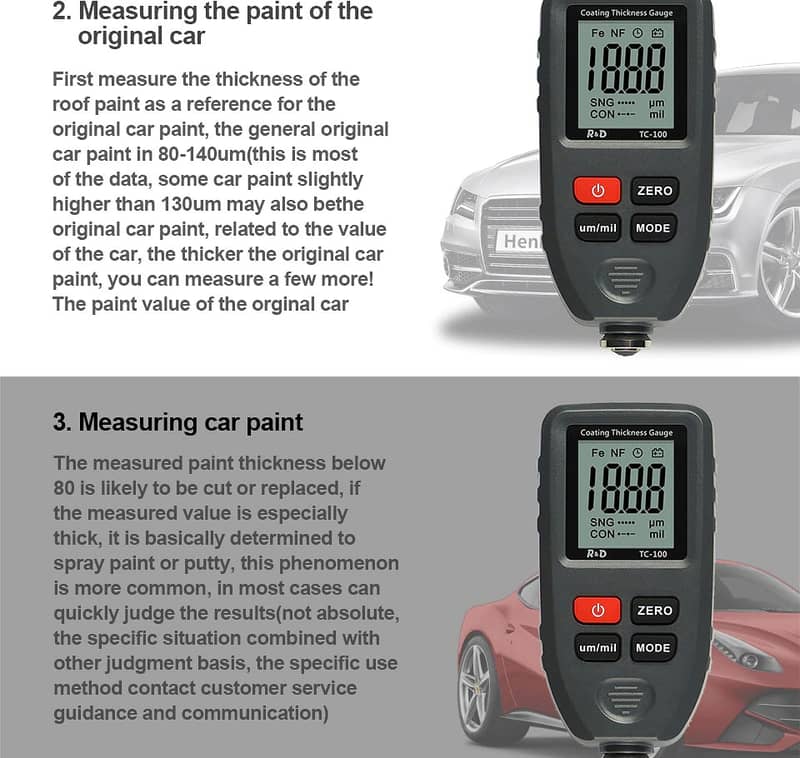 Car Paint Tester R&D TC100 Coating Thickness Gauge 0.1micron / 0-1300 5