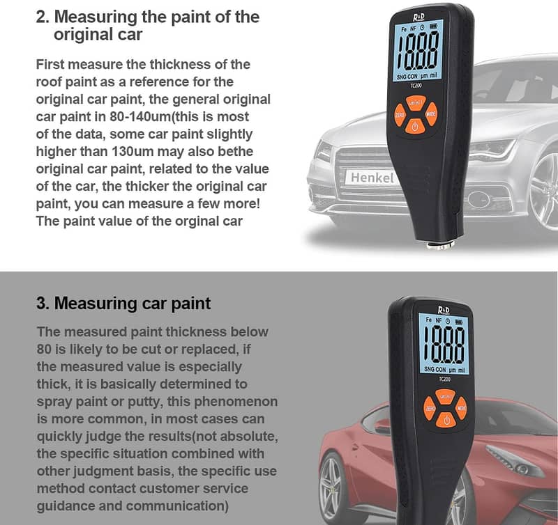 Car Paint Tester Thickness checker Gauge R&D TC200 0.1 micron/0-1500 9