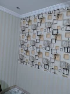 Pvc panel. pvc wallpaper. Blinds. wooden&vinyl floor. grass. ceiling