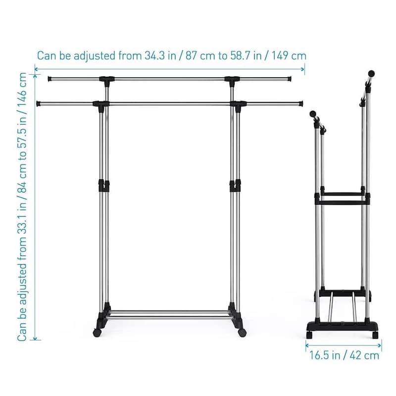 Clothes Hanger with Wheels Drying Rack - Silver and Black (Double) 6