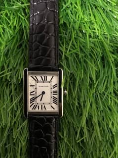 Cartier Square shape black leather strap white dial watch for Men. .