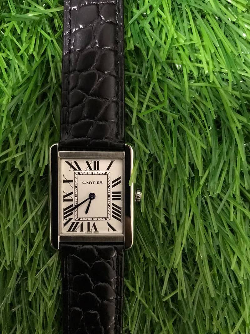 Cartier Square shape black leather strap white dial watch for Men