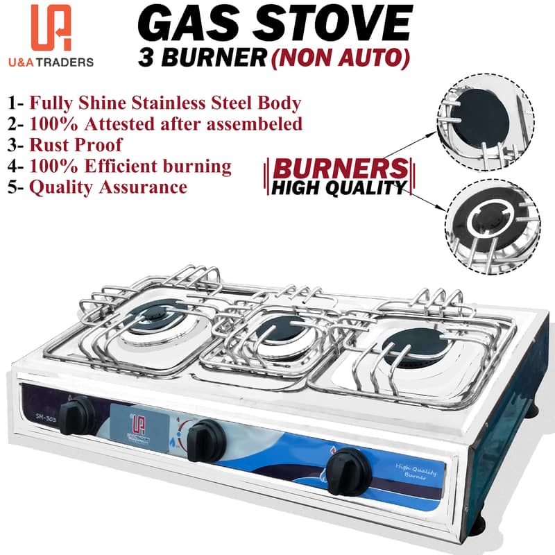 High Quality 3 Burner Gas Stove With Full Shine Glass Stainless Steel 0