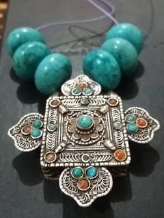 old antique Afghani Irani Samarkand Feroza with coral Silver necklace