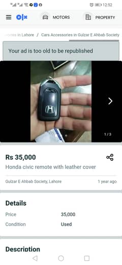 Honda. Civic car remote for sale like new 0