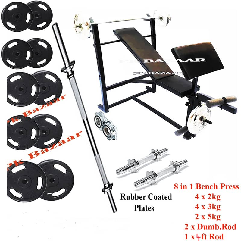 38kg 8 in 1 Bicep Curl Bench Press Rubber Coated Weight Plates Dumbbel 1