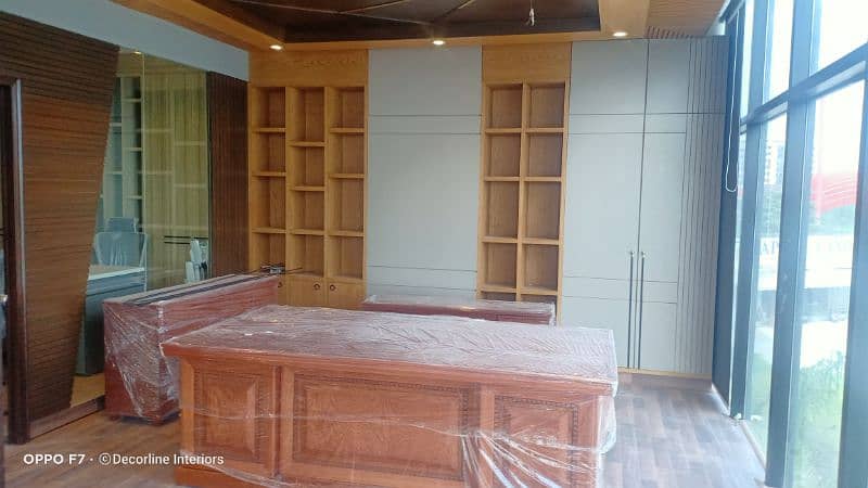 Office interior & renovation, wallpaper, blinds, wood work, flooring 11