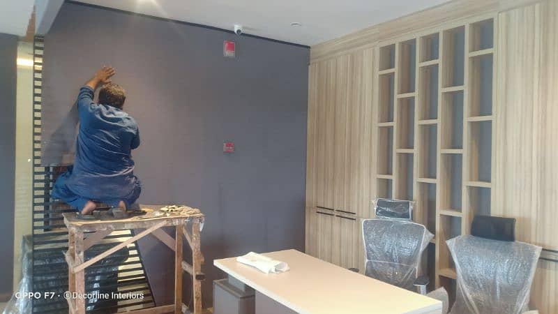 Office interior & renovation, wallpaper, blinds, wood work, flooring 13