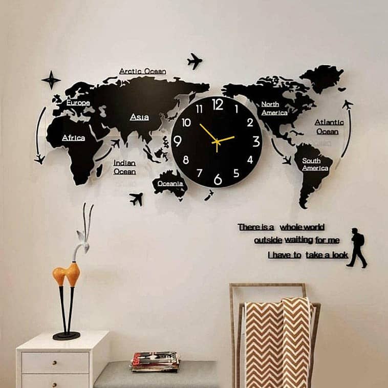 World Map Wall Clock full size arylic and wooden 0