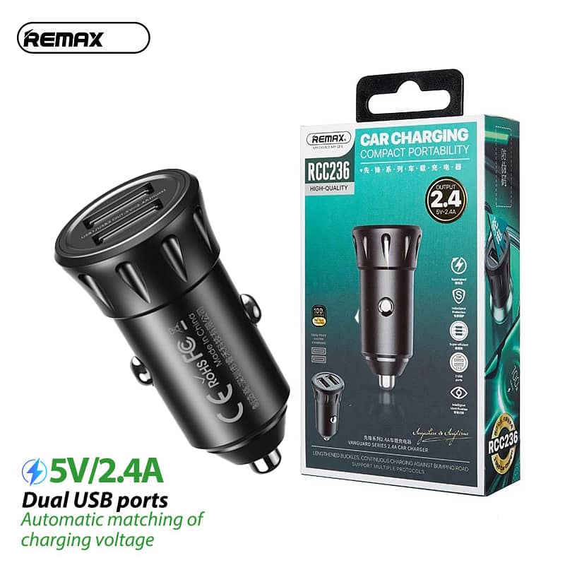 Remax Car Charger Vanguard Series 2usb 2.4a Black Moq:92 (Rcc236) 0