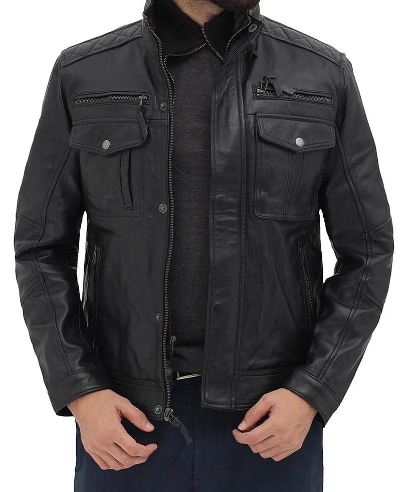 MOFFIT MENS BLACK MOTORCYCLE BLACK LEATHER JACKET & COW LEATHER JACKET 5