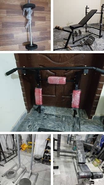 Rubber plates dumbbells pullup bar pulley bench press chest bench