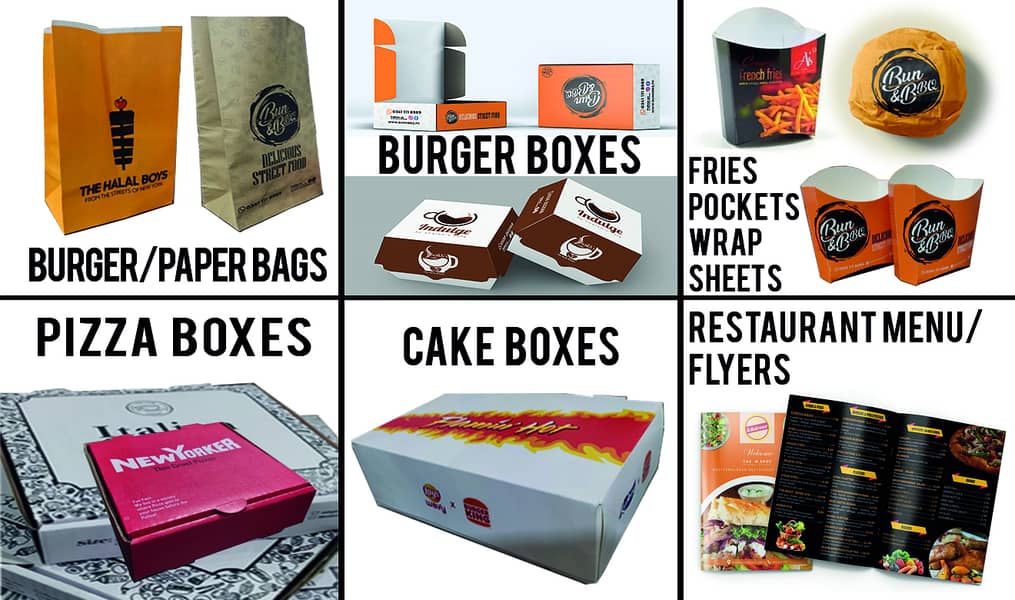 Burger box | Paper Bag | Wrap sheet | Pizza box | Fries Poch | Tissue 0