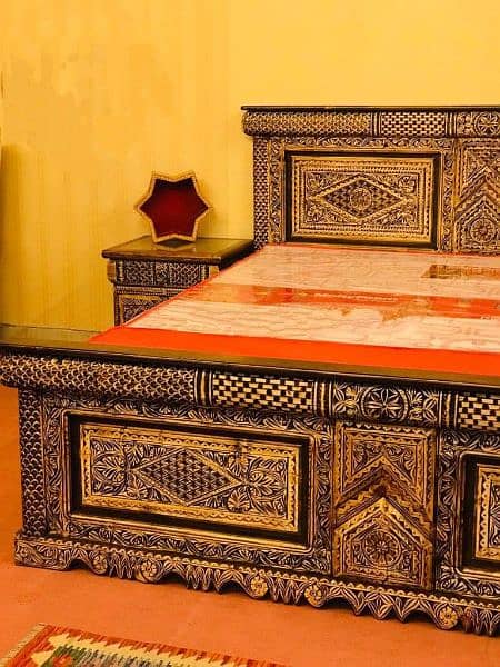King size bed/ Sides table &  best Swati hand carved 0