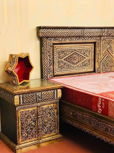 King size bed/ Sides table &  best Swati hand carved 1