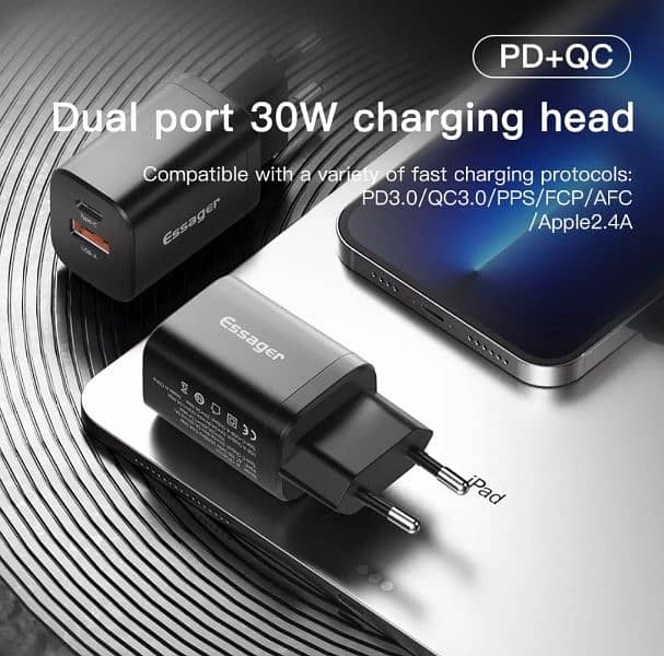Chargers/Adapter ESSAGER USB Type C Fast Charger 30W QC PD 3.0 Dual Po 1