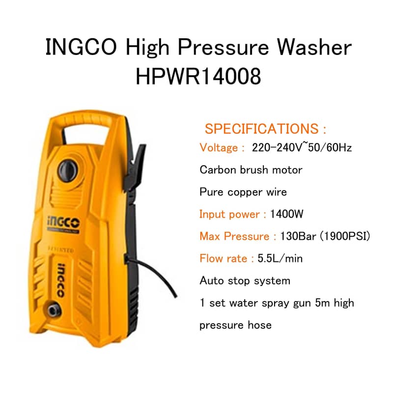 INGCO HPWR14008 High Pressure Car Washer Machine 1400-W 14