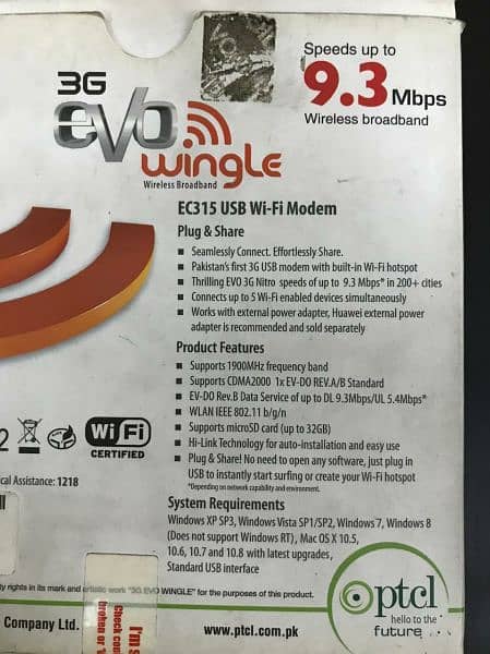 Ptcl broadband/wireless/device/usb/sim/hotspot/wi-fi evo wingle 3g 9.3 ...