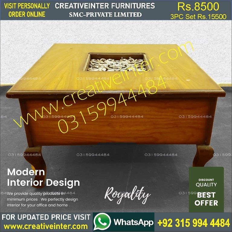 Coffee center table set 3pc clordsgn makr bed sofa chair almari dining 0