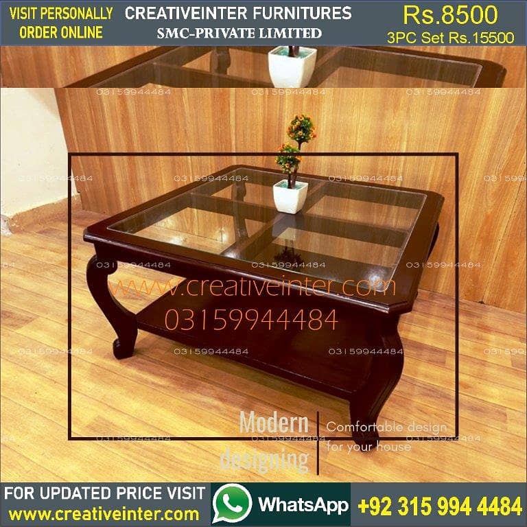 Coffee center table set 3pc clordsgn makr bed sofa chair almari dining 1