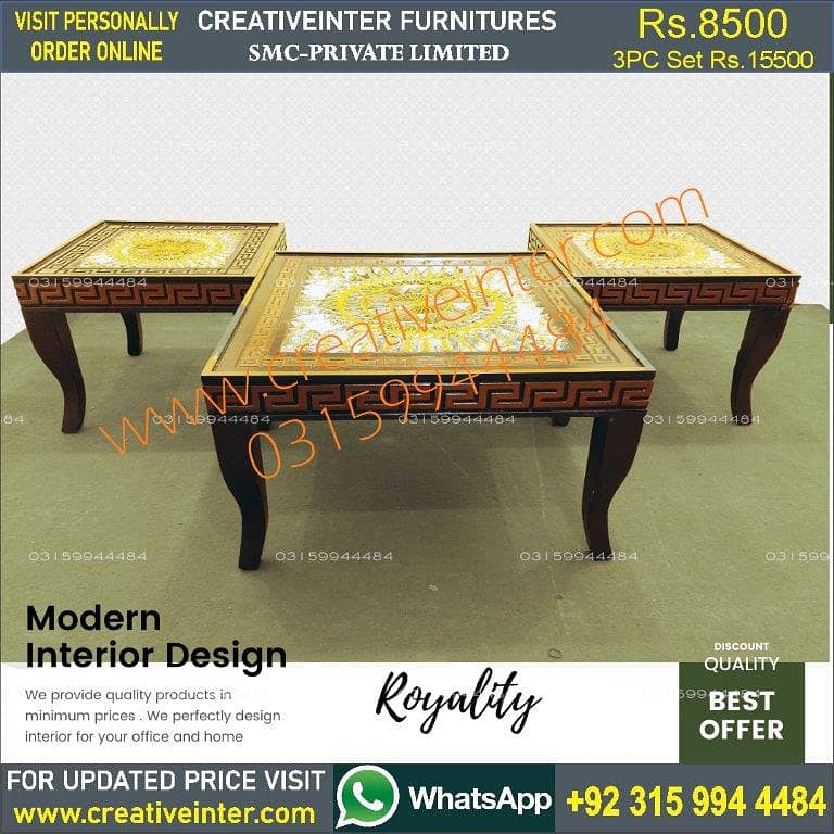 Coffee center table set 3pc clordsgn makr bed sofa chair almari dining 2