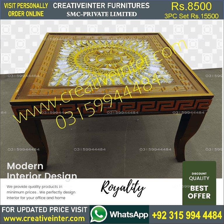 Coffee center table set 3pc clordsgn makr bed sofa chair almari dining 3