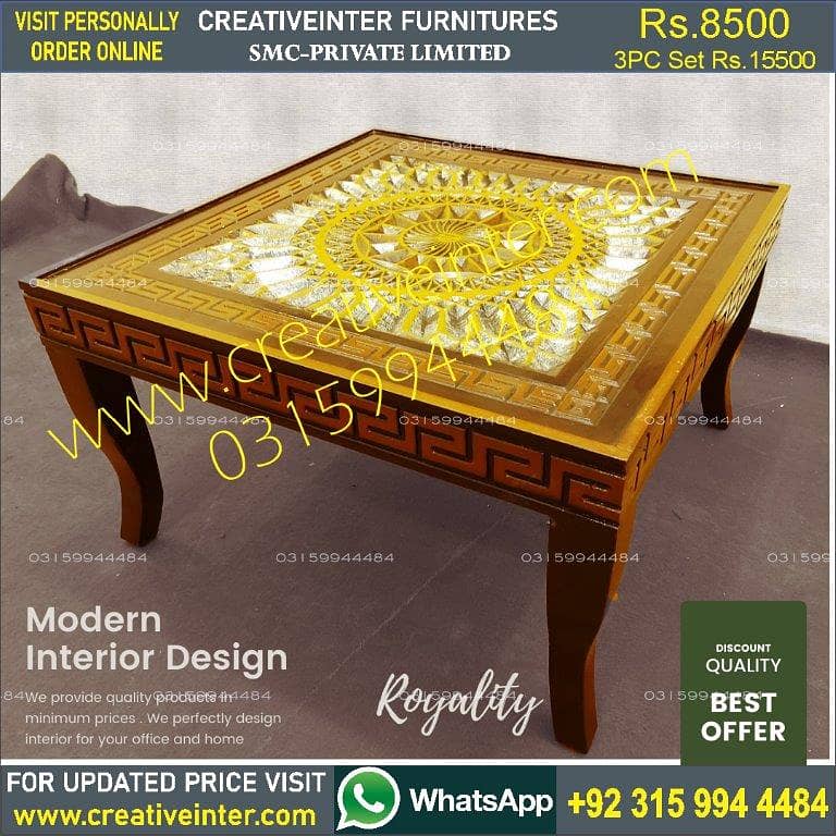 Coffee center table set 3pc clordsgn makr bed sofa chair almari dining 4
