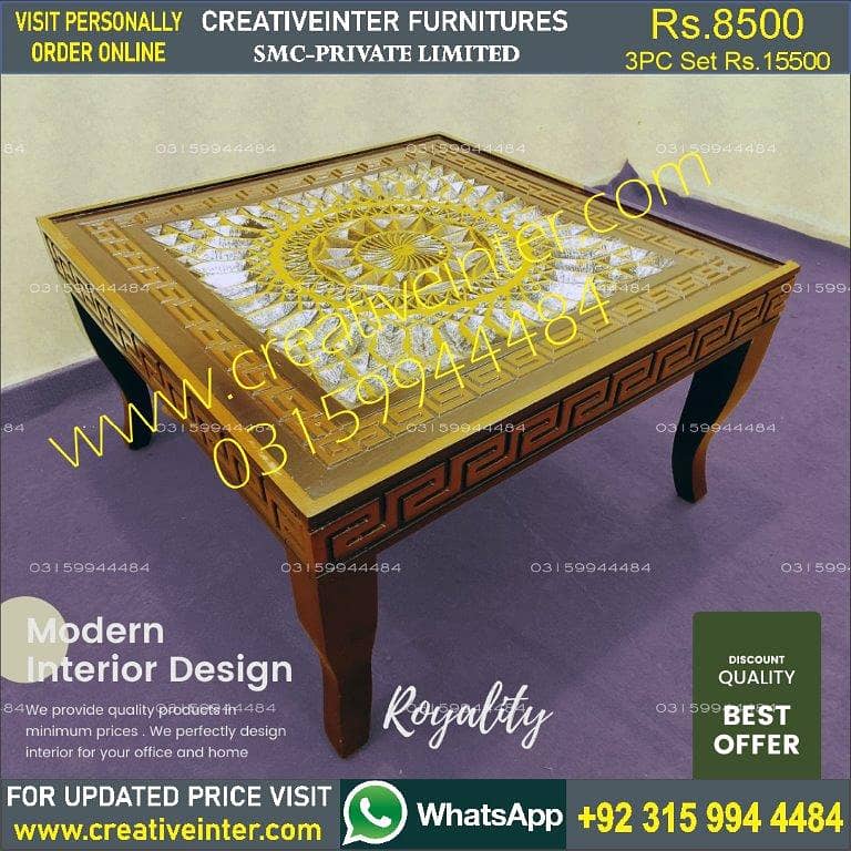 Coffee center table set 3pc clordsgn makr bed sofa chair almari dining 5