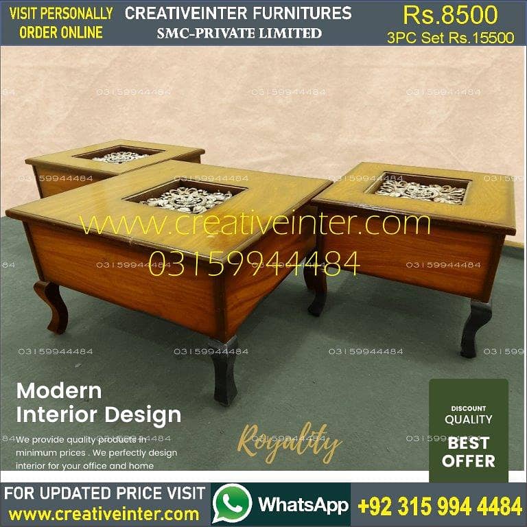 Coffee center table set 3pc clordsgn makr bed sofa chair almari dining 8