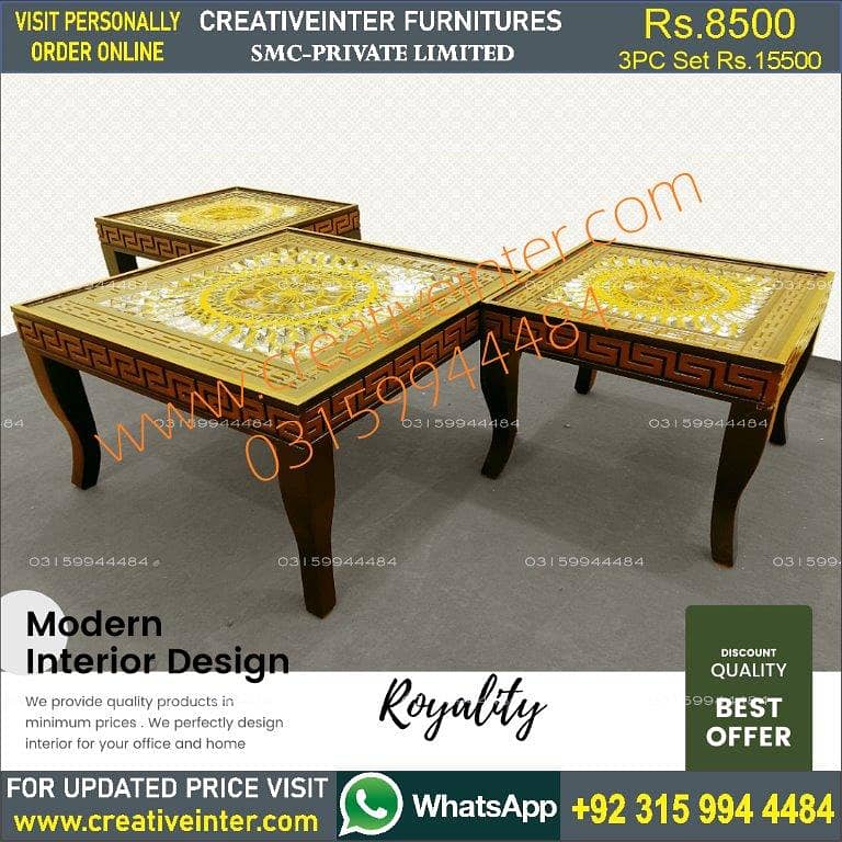 Coffee center table set 3pc clordsgn makr bed sofa chair almari dining 10