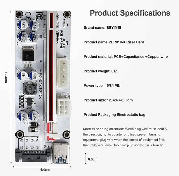 BEYIMEI PCI-E 1X to 16X Riser Card, 3.0 Extension Cable. 1