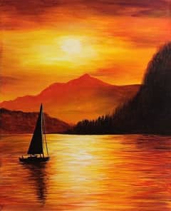 Oil painting sunset lake and ship