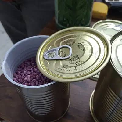 Tin can, ring pull cap, aluminum pouches, basil seeds, stabilizer 2