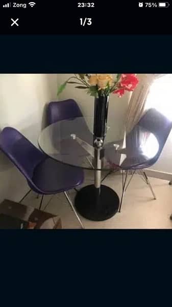 dinning table with 3 imported chairs  glass size 3/3 0