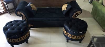 SETTEE Black and Golden Design with Two stools