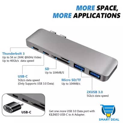 Aluminum Usb C Hub 6 In 1 Usb Type C Hub Adapter Dongle For Macbook Pr 3